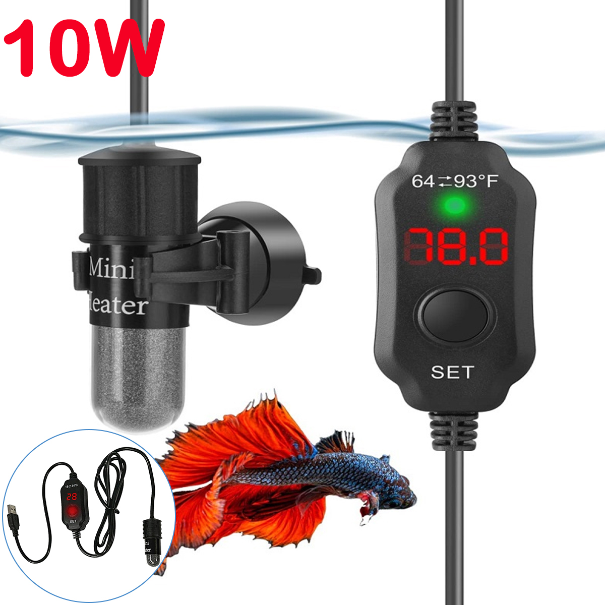 Fish Tank Heater - 10W Adjustable Aquarium Heater Rod 18-34°C